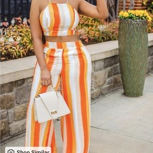 Striped crisscross backless crop top & wide leg pants set